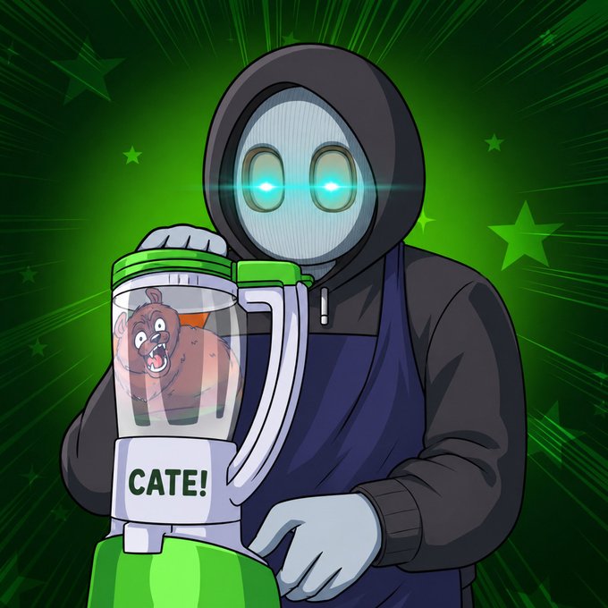 A hooded figure with glowing cyan eyes holds a blender containing a roaring bear, labeled "CATE!" on the base, set against a green starburst background. The image visualizes the idea of "blending the bears," symbolizing crushing bearish sentiment around the $CATE token in a dramatic, meme-style illustration.