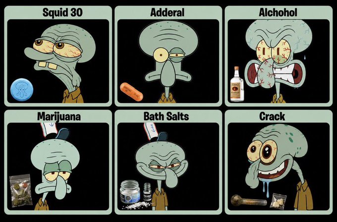 The image features a cartoon character, likely Spongebob Squarepants, with six different expressions and poses, each accompanied by an item related to drugs or alcohol. These items include a pill bottle, a can of beer, a bottle of bath salt, a jar of peanut butter, a jar of jelly, and a jar of Nutella. The post encourages viewers to choose their inker based on the items displayed.