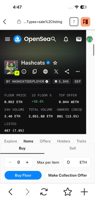 An OpenSea mobile screenshot showing the 'Hashcats' collection by HASHCATSDEPLOYER, with a floor price of 0.052 ETH (+38.6%) and 24h volume of 3.46 ETH.