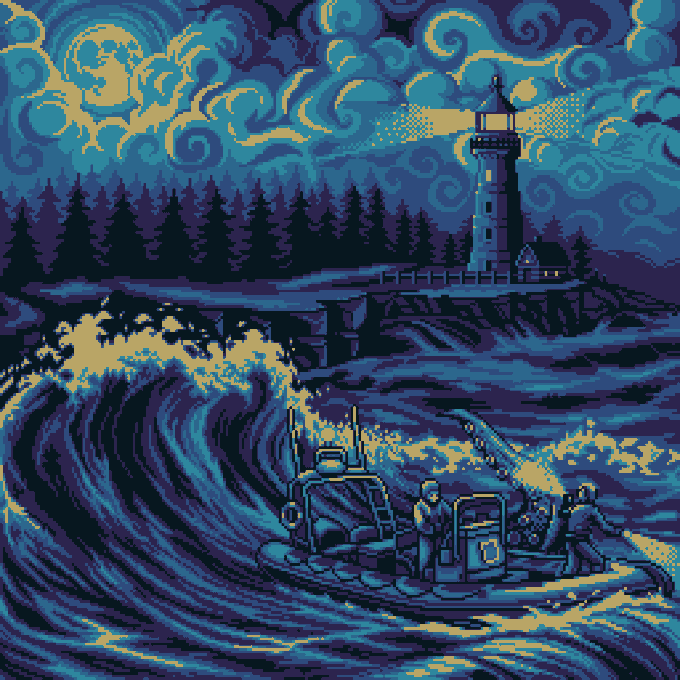 A pixel-art style illustration of a lighthouse on a rocky shore, with figures and a boat on a swirling wave in the foreground, set against a swirling night sky with a moon.