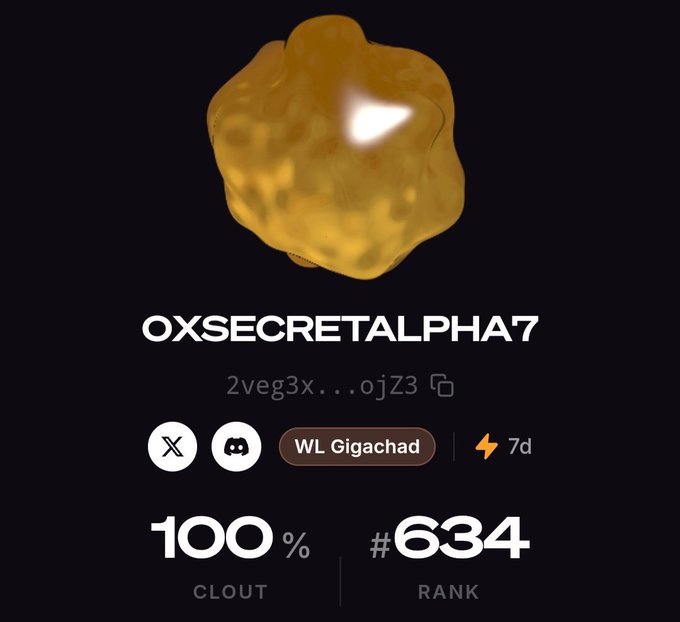 A digital profile card for 'OXSECRETALPHA7' on a dark background features a golden 3D rock-like icon, a 100% CLOUT score, and a #634 RANK, along with a 'WL Gigachad' badge.