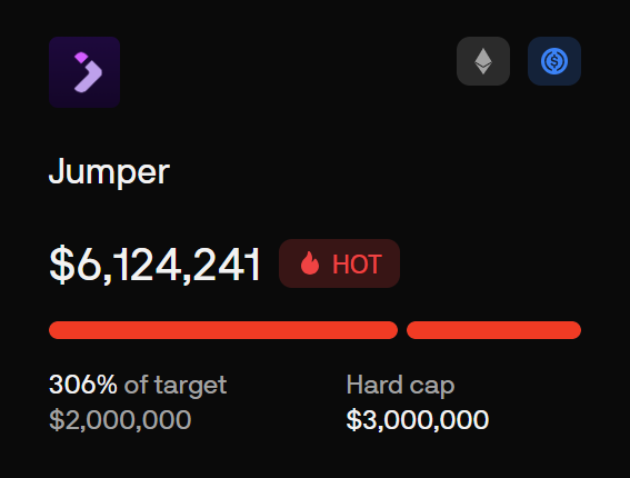 A digital interface for "Jumper" displaying $6,124,241, marked as HOT, at 306% of its $2,000,000 target with a $3,000,000 hard cap.