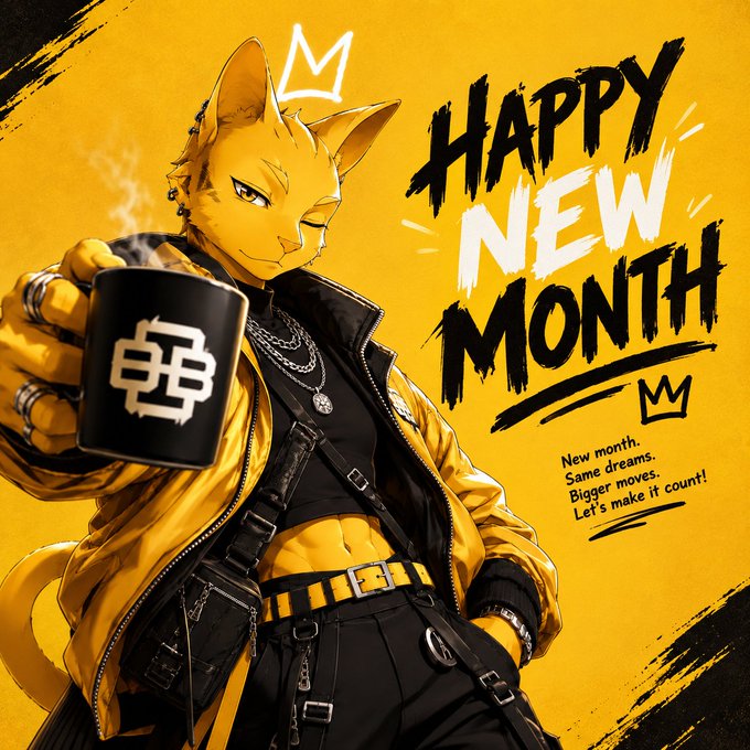A digital illustration with yellow background featuring an anthropomorphic cat character in streetwear holding a mug with a dollar sign, alongside graffiti-style text reading 'HAPPY NEW MONTH'.