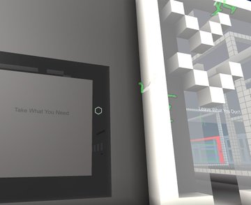 A 3D rendered image showing the side of a black monitor with the text 'Take What You Need' on the screen, set against a background of floating white cubes and another screen displaying 'Take What You Don't'.