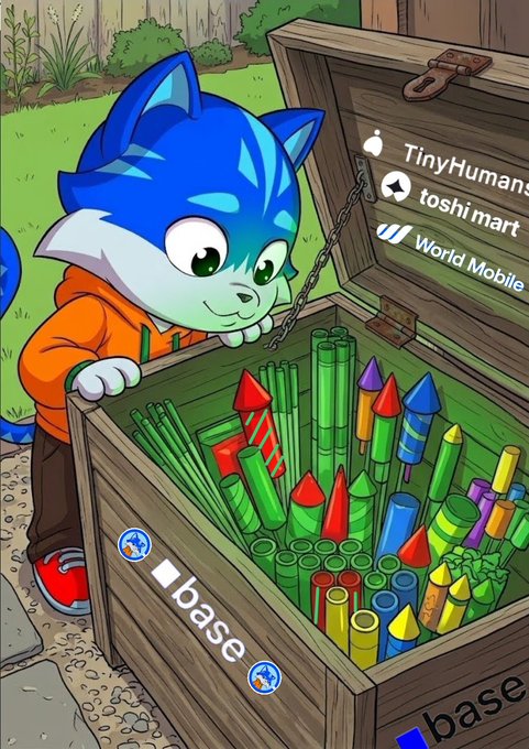 An illustration of a blue hedgehog character (resembling Sonic) in an orange hoodie opening a treasure chest full of colorful rockets, with branding for 'TinyHumans', 'toshi mart', 'World Mobile', and 'base' visible.
