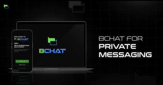A promotional banner for "BCHAT for Private Messaging" displays the app on both a laptop and smartphone screens, with "WELCOME TO BCHAT" text visible on the phone. The image relates to the post about Beldex (BCHAT) by showcasing the platform's private messaging product as part of their privacy-focused ecosystem.