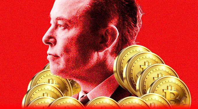 A red-tinted portrait of a man in profile surrounded by gold Bitcoin coins against a red background.