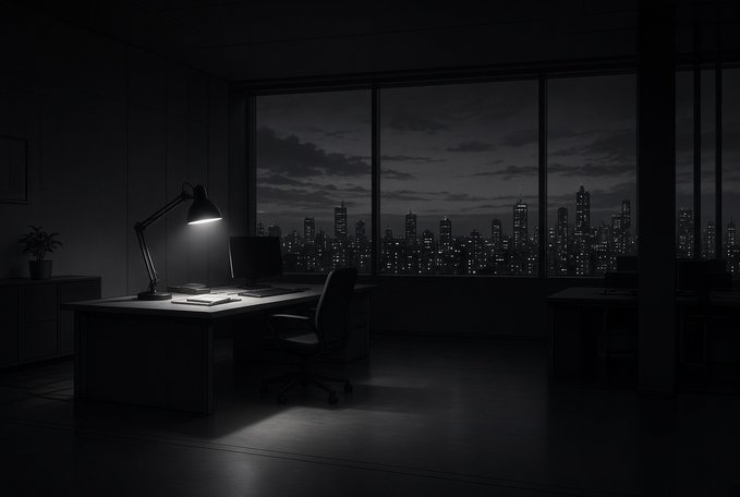 A dimly lit office at night features a single desk lamp illuminating papers and a computer monitor, with a panoramic window revealing the glowing lights of a distant cityscape.