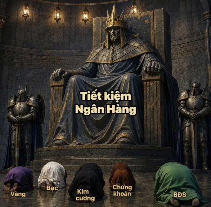 A fantasy-themed illustration showing a king on a throne with the Vietnamese text 'Tiết kiệm Ngân Hàng' (Bank Savings), while four bowing figures are labeled 'Vàng' (Gold), 'Bạc' (Silver), 'Kim cương' (Diamond), 'Chứng khoán' (Securities), and 'BĐS' (Real Estate).