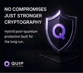 The image shows a shield-like object with the letter "Q" written across it. Below the shield, there's text that says "No compromises just stronger cryptography Hybrid post-quantum protection built for the long run". The focus of the advertisement is on promoting a new type of encryption method using hybrid quantum technology to protect data during transmission.