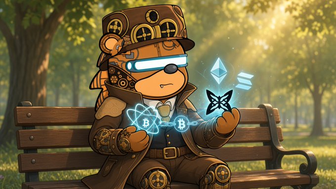 A digital illustration of a steampunk-style anthropomorphic bear wearing goggles and a top hat, sitting on a park bench while interacting with glowing cryptocurrency symbols including Bitcoin, Ethereum, Solana, and others.