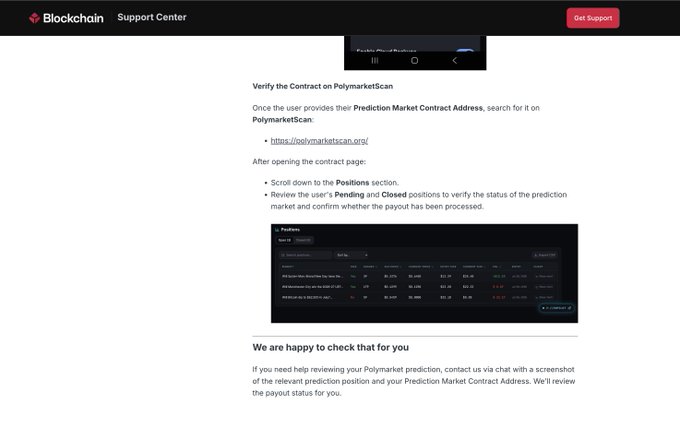 Blockchain.com Support Center article titled "Verify the Contract on PolymarketScan" explaining how to check prediction market positions on polymarketscan.org.