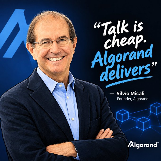 A promotional image of Algorand founder Silvio Micali smiling with arms crossed, featuring the quote 'Talk is cheap. Algorand delivers' alongside the Algorand logo.