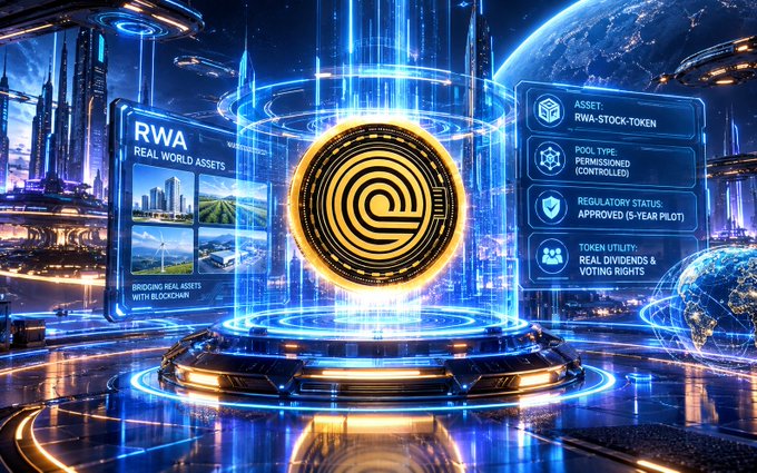A futuristic digital graphic displaying 'RWA REAL WORLD ASSETS' alongside details for an 'RWA-STOCK-TOKEN' with a 5-YEAR PILOT regulatory status and real dividends utility.