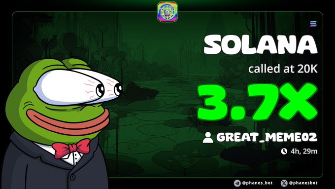 The image features a cartoon frog wearing a suit, with the text "Solana" written above its head. The frog appears to be looking at something off-camera, possibly an email or a message from someone named "Phanethisbot". The background of the image is green and has a river running through it, adding a unique touch to the overall presentation.