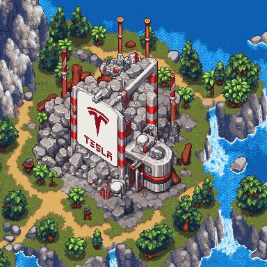 An isometric pixel-art fantasy fortress on a coastal cliff features a large white banner displaying the Tesla logo and the word "TESLA" in red. The promotional post announces an upcoming IDO on Base, but the image shows a Tesla-branded stronghold rather than cryptocurrency-related imagery, making the visual connection unclear.