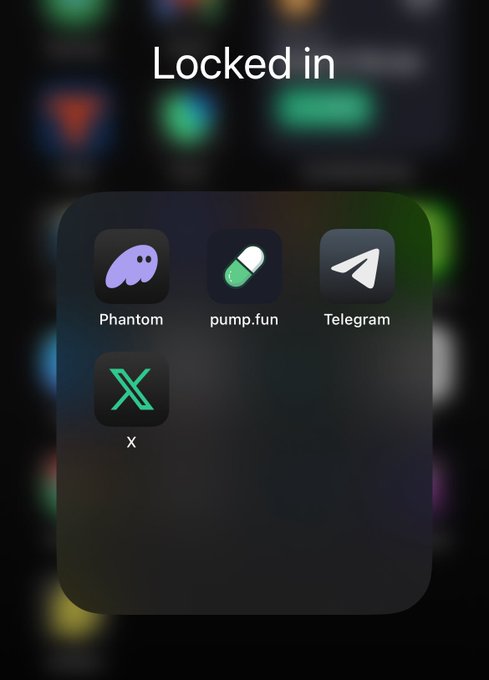 A smartphone screen displays an app folder under the title 'Locked in' containing icons for Phantom, pump.fun, Telegram, and X.