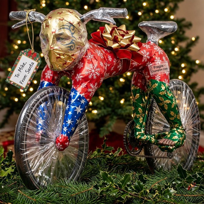 A decorative glass Christmas ornament depicting a cyclist in a red, white, and blue holiday outfit with a gold helmet, gift-tagged 'To: Mike, From: Santa' and labeled 'Fragile - Champion Class'.