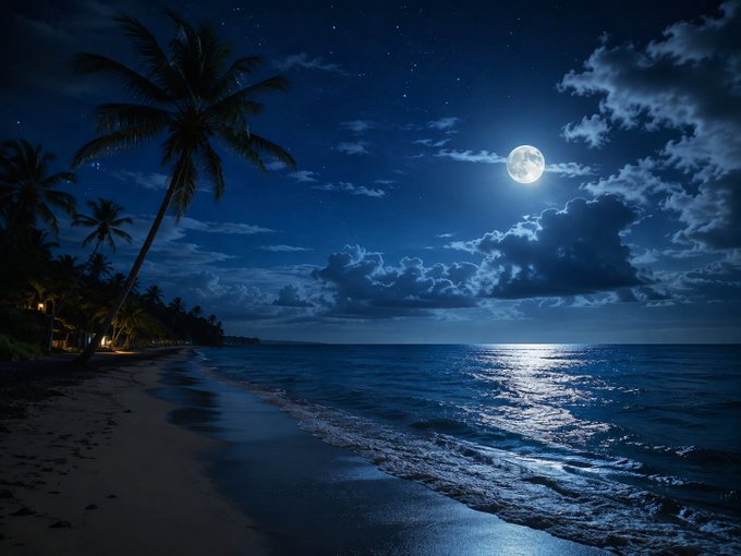 A moonlit tropical beach with palm trees silhouettes against a starry night sky and gentle waves rolling onto the shore, evoking a peaceful goodnight scene for the Web3 community.