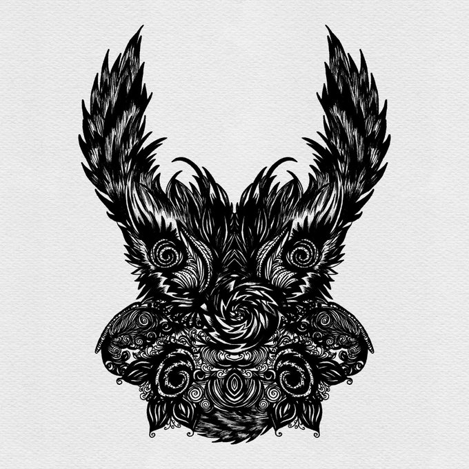 A black and white intricate decorative illustration of an owl, featuring elaborate swirling patterns and detailed plumage against a white background.