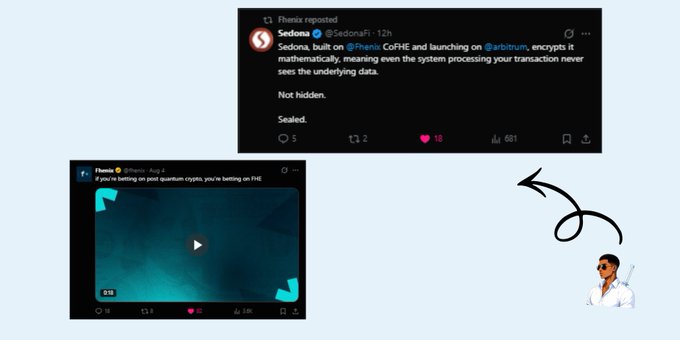 Two screenshots of social media posts by 'Phenx' and 'Sedona' appear on a light blue background, discussing Fhenix CoFHE and quantum cryptography, alongside an arrow pointing to an image of a man in a lab coat and sunglasses.