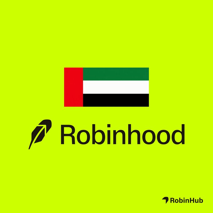 A bright lime-green Robinhood graphic shows a UAE flag above the black Robinhood logo and wordmark, with a smaller “RobinHub” logo in the bottom-right corner.
