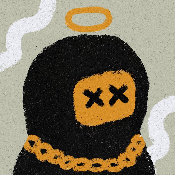 An illustration depicts a black hooded figure with an orange face bearing 'X X' eyes, a golden halo, and a gold chain necklace against a muted background.