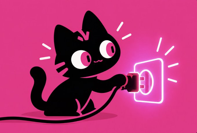 A black cartoon cat with pink accents triumphantly plugs an electrical cord into a glowing pink outlet, symbolizing the energy and ease of connecting exchanges via API key. The vibrant illustration reinforces the post's message about seamlessly powering up your trading with credits on Insider Scan through supported platforms like Coinbase, Binance, OKX, Kraken, and KuCoin.
