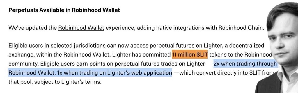 An announcement titled 'Perpetuals Available in Robinhood Wallet' with text explaining native integrations with Robinhood Chain, featuring a photo of a man on the right side.