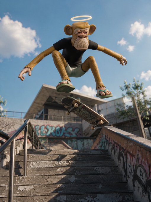 3D render of a Bored Ape-style monkey with a halo doing a skateboard trick down concrete stairs.