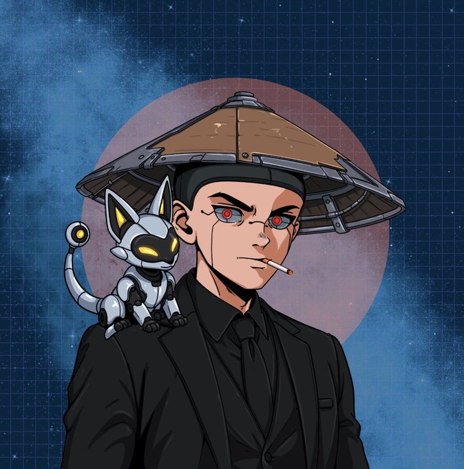 An anime-style illustration depicts a man wearing a traditional conical hat and black suit with red glowing eyes, smoking a cigarette, accompanied by a small white robotic cat on his shoulder.