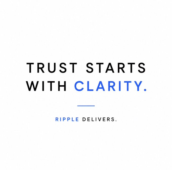 A minimalist graphic with text reading 'TRUST STARTS WITH CLARITY.' in black and blue, and 'RIPPLE DELIVERS.' below it.