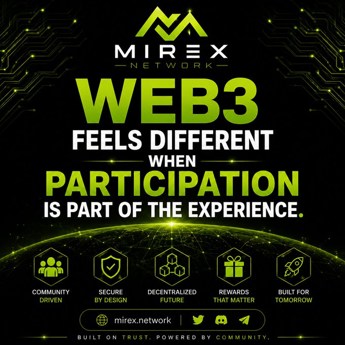 A promotional graphic for 'MIREX NETWORK' with the tagline 'WEB3 FEELS DIFFERENT WHEN PARTICIPATION IS PART OF THE EXPERIENCE' and icons for community, security, decentralization, rewards, and future-focused features.