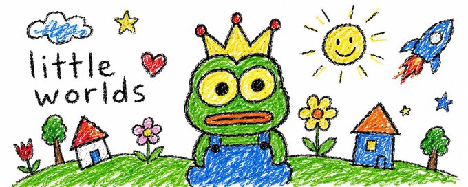 A colorful, child-like crayon drawing titled "little worlds" featuring a crowned green frog character, a smiling sun, a rocket ship, houses, flowers, and stars on a grassy hill.