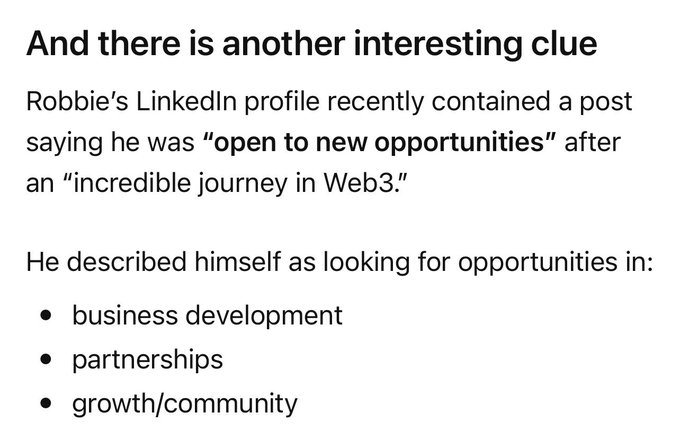 A text excerpt titled 'And there is another interesting clue' discussing Robbie's LinkedIn profile about being open to opportunities in business development, partnerships, and growth/community in Web3.