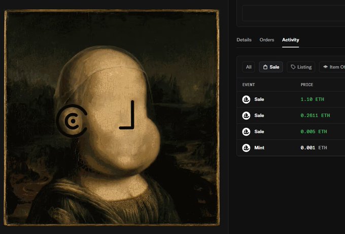 The image features a painting of a person's face with a large "J" drawn over their eyes, which appears to be a digital art piece or an illustration rather than a traditional portrait. The background of the image is black, making the white face stand out prominently. The caption below the image reads "This @npconchain just sold for 1.1 ETH. Things are about to get crazy here." This suggests that there might have been some sort of sale or transaction related to this digital art piece, possibly involving cryptocurrency.