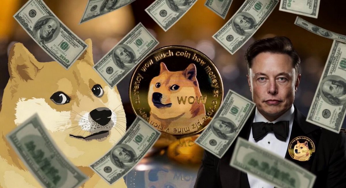 The image features a man dressed in a tuxedo standing next to a dog wearing a gold coin around its neck. The background of the image is filled with money floating upwards, creating an atmosphere of wealth and prosperity. The caption on the image reads "Elon Musk will be the world's first trillionaire this month, in Dogecoin, with the SpaceX ipo Fate loves irony". This post seems to be promoting a cryptocurrency called Dogecoin, which is associated with Elon Musk, as well as an investment opportunity in the form of a gold coin. The image also includes a dog wearing a gold coin around its neck, adding a humorous and lighthearted touch to the overall theme.