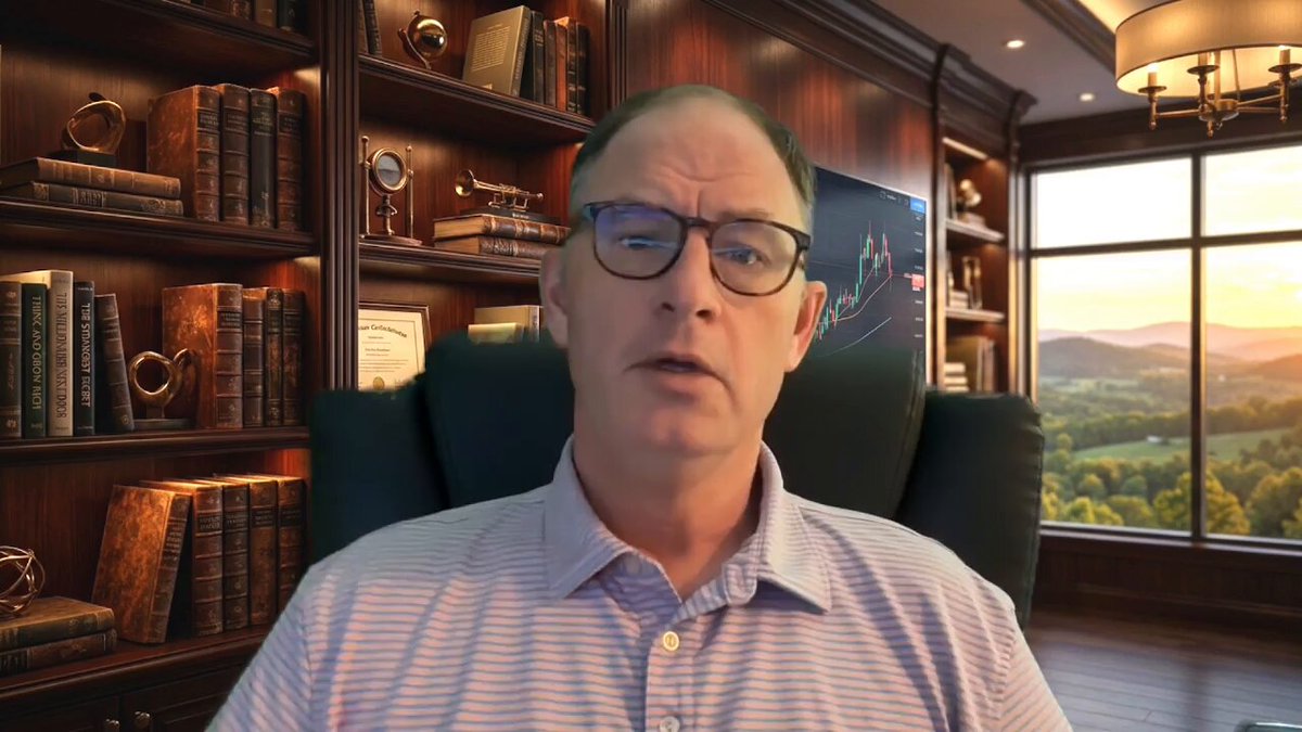 The image shows a man wearing glasses sitting in an office chair, with a window behind him that offers a view of mountains. The man appears to be looking at something off camera or engaged in a conversation. There are several bookshelves filled with various books around the room, suggesting a well-read and intellectual atmosphere.