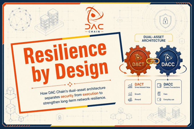 A promotional graphic for DAC Chain titled 'Resilience by Design,' illustrating their dual-asset architecture separating DACT (drives network value) and DACC (powers transactions).