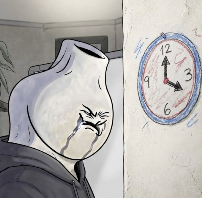 An illustrated image of a sad, ghost-like figure in a hoodie crying while looking up at a childlike crayon drawing of a clock on a wall.