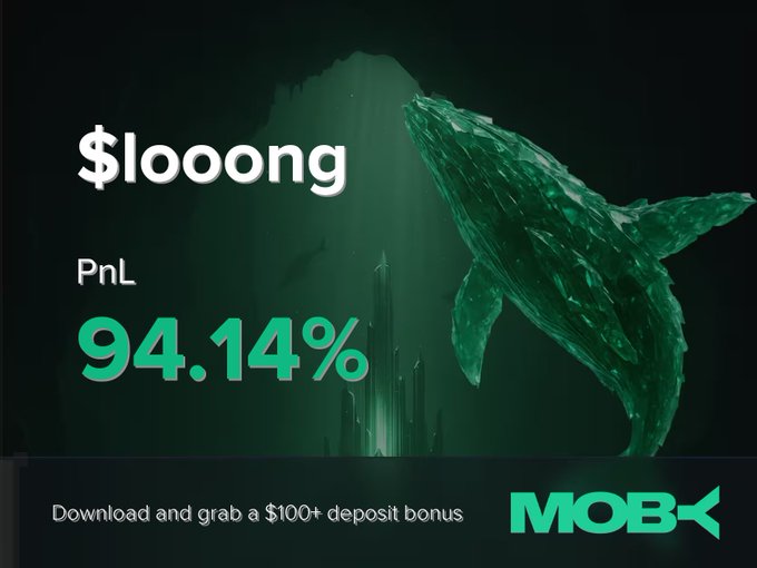 The image displays a Moby promotional banner featuring a glowing green whale graphic, highlighting a trader who closed a "$looong" position with a +94.14% PnL, alongside a call-to-action to "Download and grab a $100+ deposit bonus" with the Moby logo.