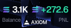 The image displays a trading dashboard showing a balance of 3.1K and a PNL of +272.6, highlighted alongside the AXIOM ticker. This visually reinforces the post's "Day 330 272 SOL" milestone, matching the 272.6 profit figure displayed in the interface.