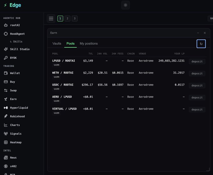 Screenshot of the 'Edge' cryptocurrency platform showing the 'Earn' section with 'Pools' tab displaying various LP pairs including LPUSD/ROOTAI, WETH/ROOTAI, USDC/ROOTAI, AERO/LPUSD, and VIRTUAL/LPUSD with TVL and yield data.