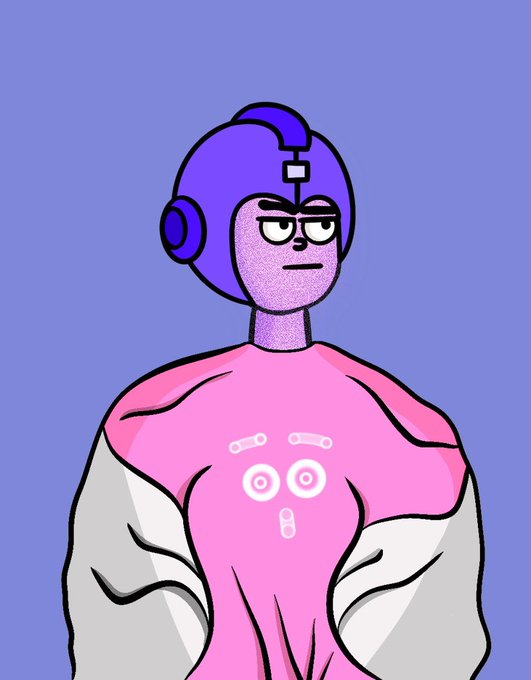 Pink cartoon character with purple helmet, headphones, and muscular arms against a purple background.
