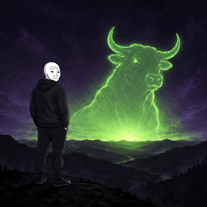 Anime-style illustration of a figure in a black hoodie and white mask staring at a massive glowing green bull spirit emerging over mountains under a starry night sky.