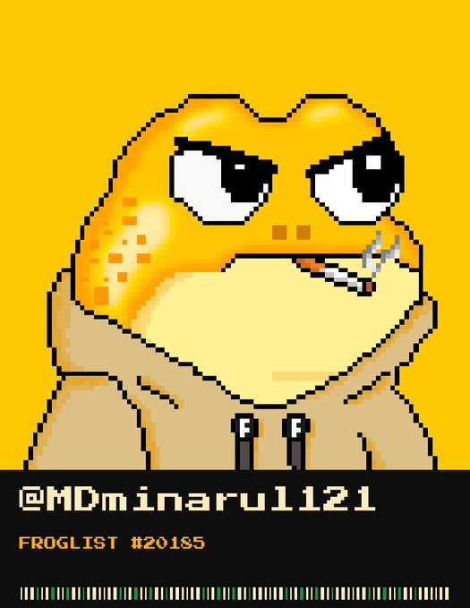 A pixel art illustration of a smug-looking yellow frog smoking a cigarette, with text '@MDminarul121' and 'FROGLIST #20185' displayed below on a black banner.