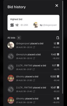 A bid history interface displays the highest bid at 12 (~1.26K) by @degenpoet, with subsequent bids listed from users like @ereptyic, 2JLTK_RWTM6, and @bokky.