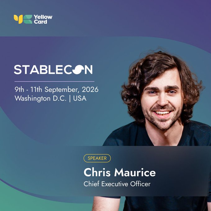 A promotional card for Stablecon featuring Chris Maurice, Chief Executive Officer of Yellow Card, as a speaker at the event in Washington D.C. on 9th-11th September, 2026.
