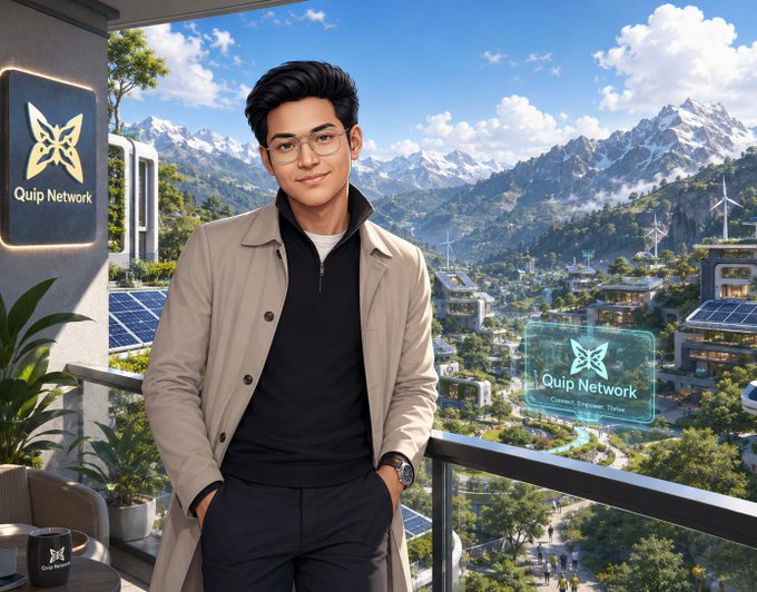 A digitally generated image shows a young man with glasses standing on a balcony overlooking a futuristic green city with wind turbines, accompanied by 'Quip Network' branding.