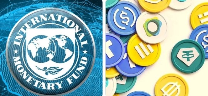 The IMF logo appears on the left alongside various cryptocurrency tokens on the right, illustrating the fund's focus on digital currencies and their potential role in transforming cross-border payments as highlighted in the accompanying message.